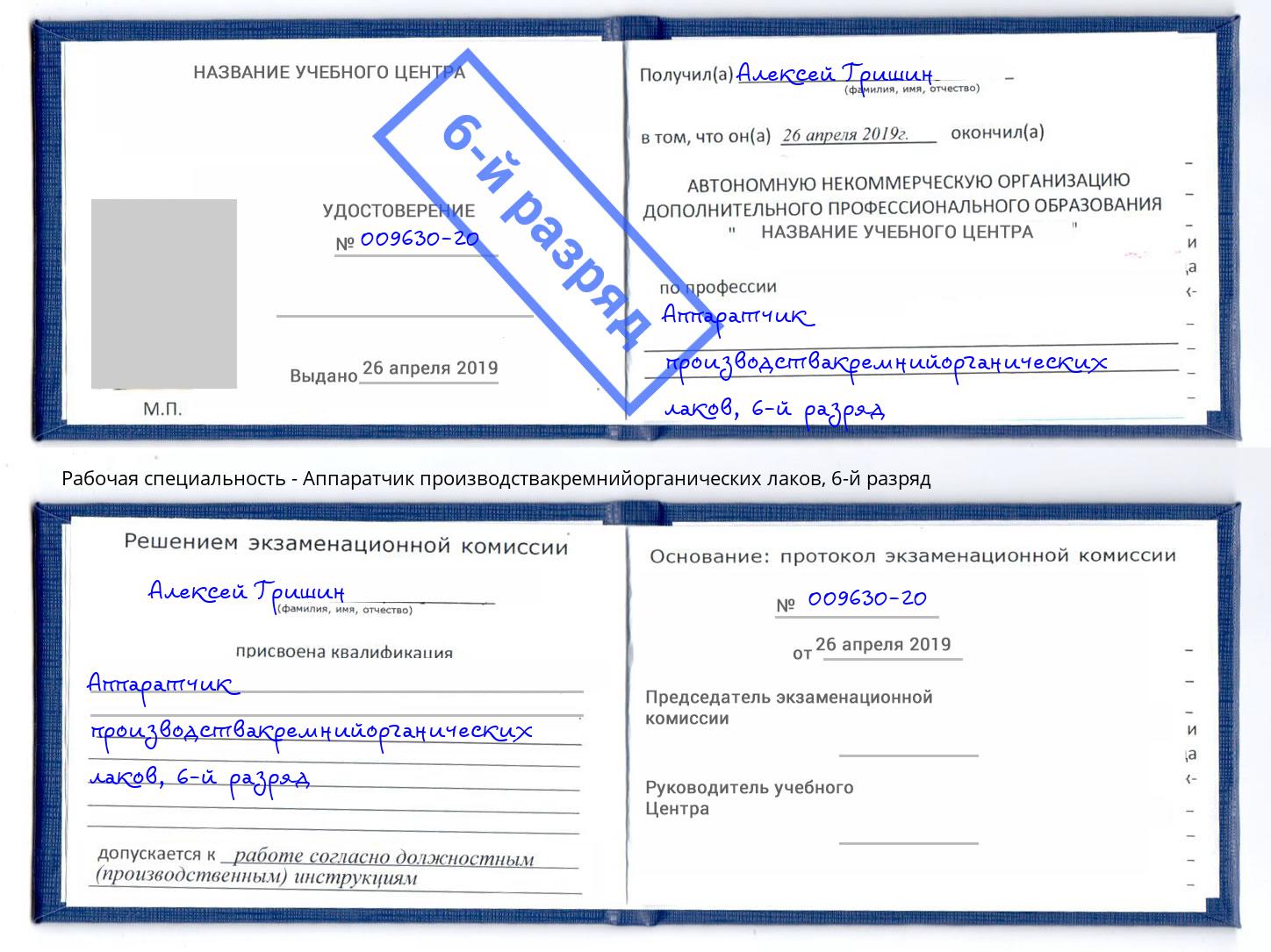 корочка 6-й разряд Аппаратчик производствакремнийорганических лаков Красноуфимск